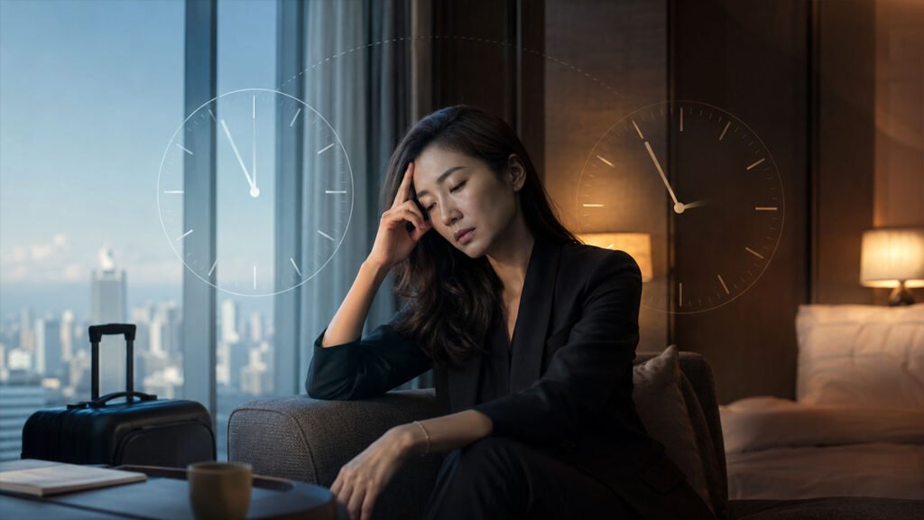 A traveller resting her head on her hand with a faint clock face overlaid behind her, illustrating the body-clock disruption that causes jet lag.