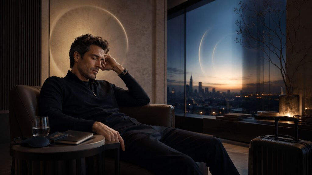 A traveller resting in a softly lit room at dusk, a city skyline and crescent moon visible through the window, conveying the fatigue of jet lag.