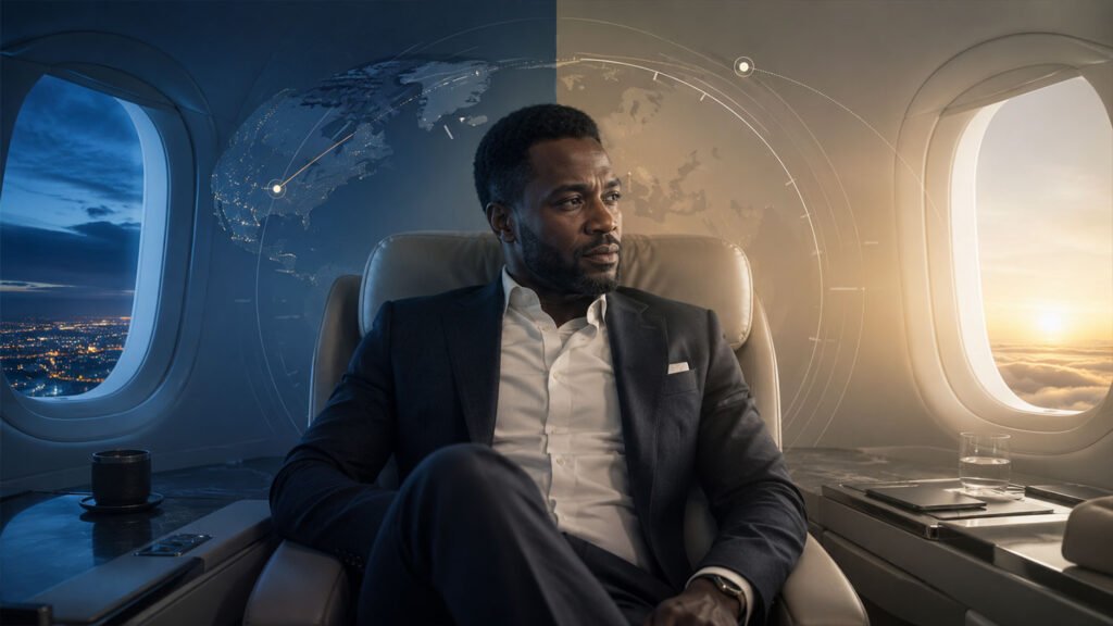A businessman in a private jet cabin between a night-time city view and a sunrise above the clouds, with a world map and flight paths behind him, illustrating eastward versus westward travel.