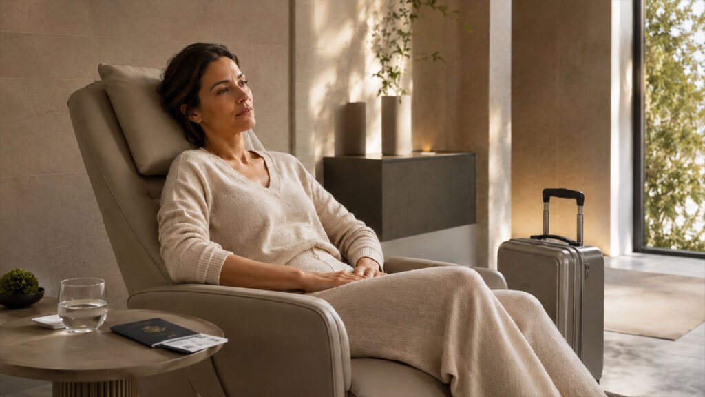 A woman reclining in a calm, sunlit recovery chair with her passport and a glass of water beside her, resting after a long-haul flight.