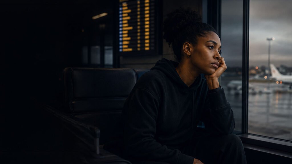 A weary traveller sitting in an airport departure lounge at dusk, chin resting on her hand, a departures board glowing behind her and aircraft on the tarmac outside.